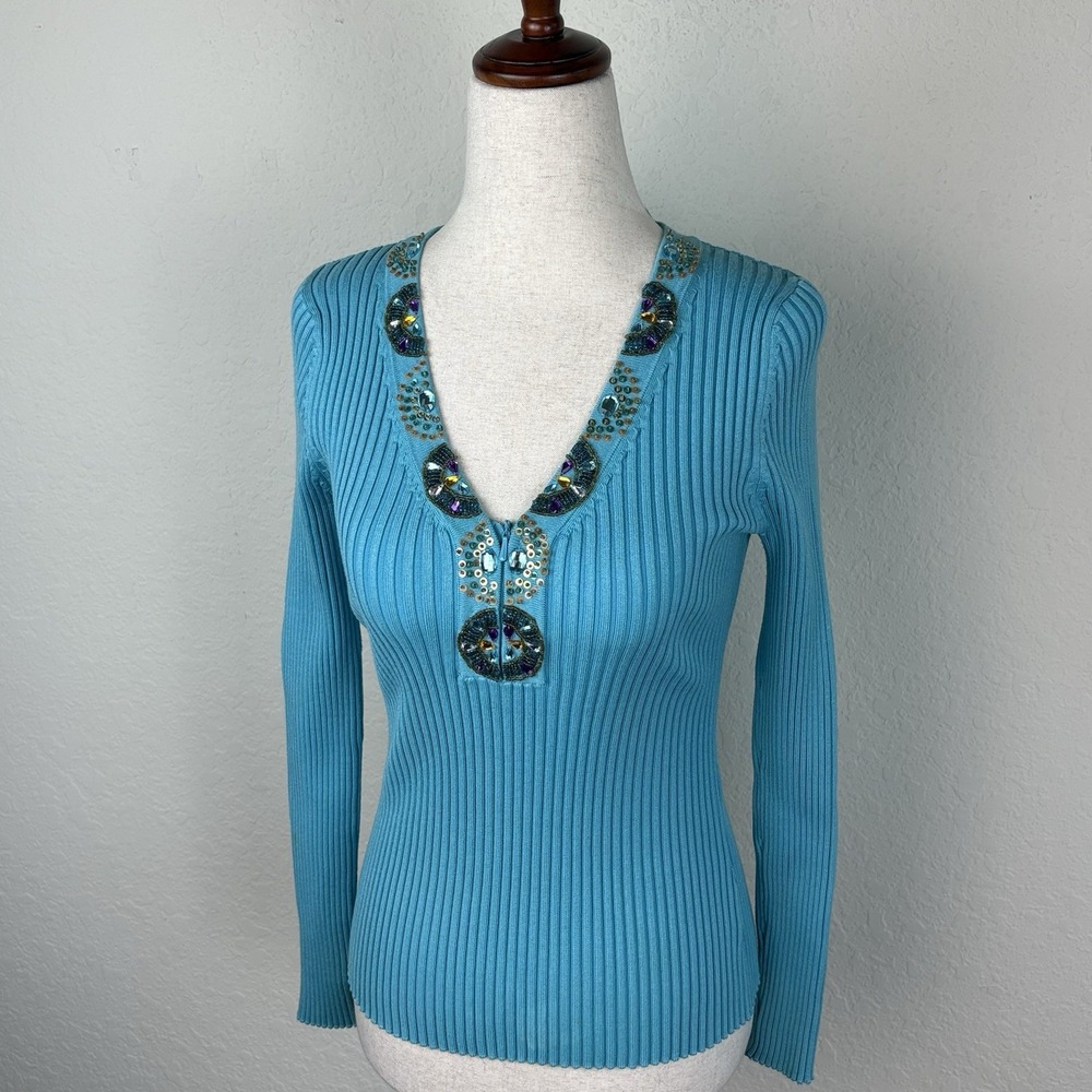 Y2k Belldini Knit Top Size M Embellished Sequin Beaded Turquoise Fitted 2000s